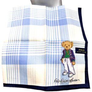 Polo Ralph Lauren  Handkerchief/ Bandana 19" white blue check with Bear (82)